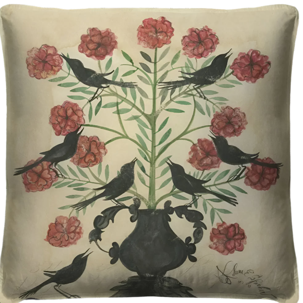 Black Birds In Pink Flowers Throw Pillow