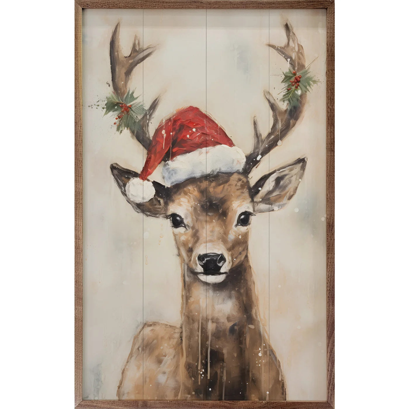 Reindeer With Santa Hat Wood Framed Print