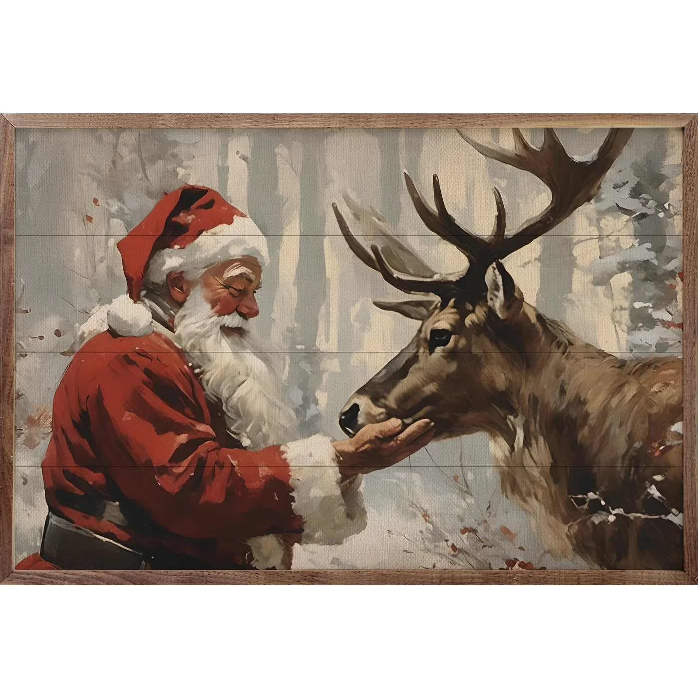 Santa Claus With Reindeer Wood Framed Print