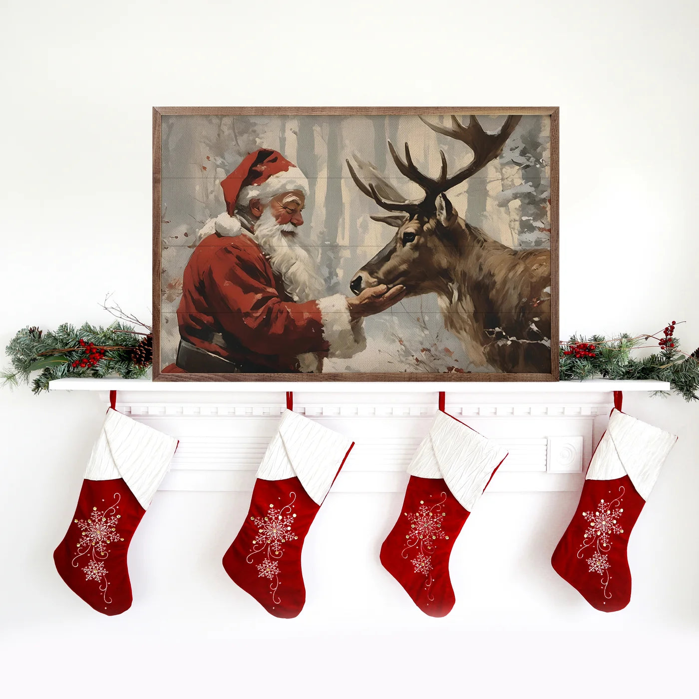 Santa Claus With Reindeer Wood Framed Print