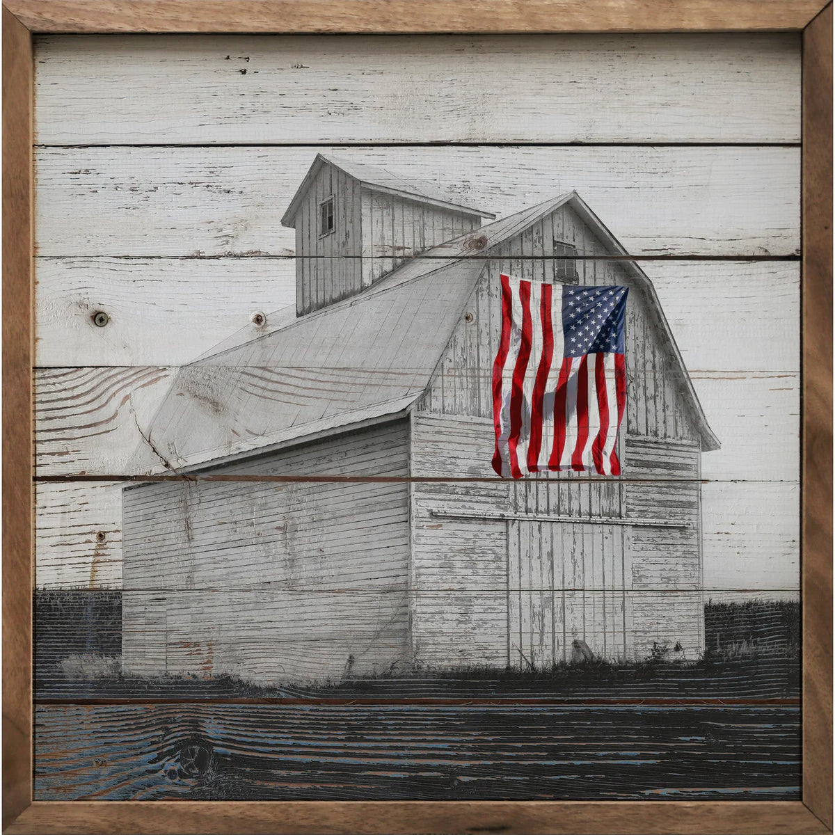 Black And White Flag Barn Wood Framed Print