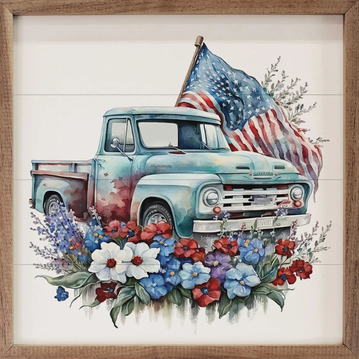 Blue Truck With Flag Wood Framed Print