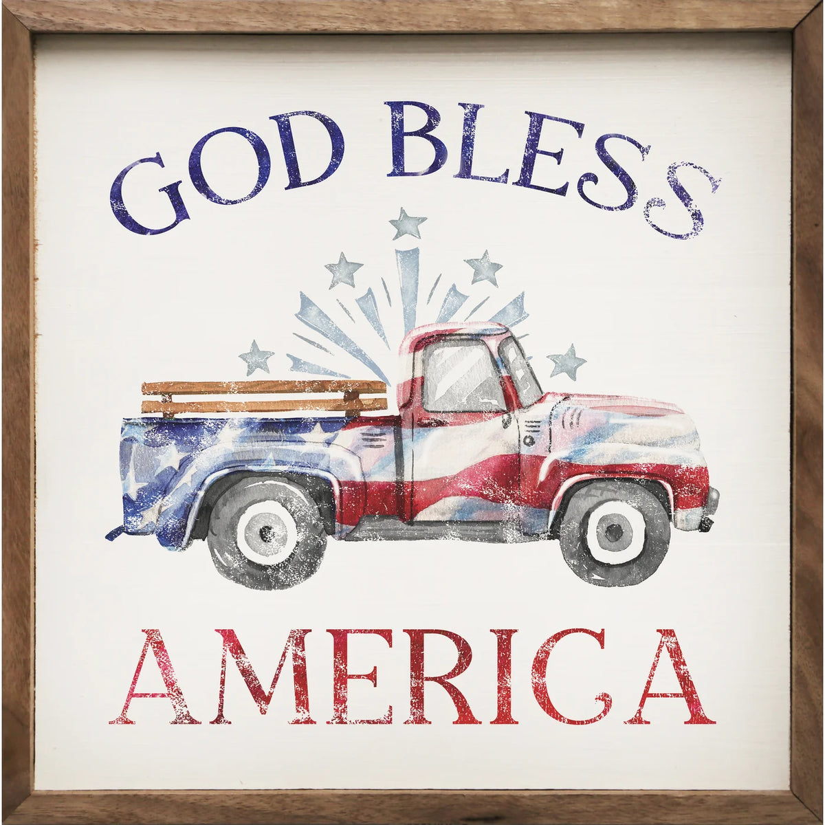 God Bless America Flag Truck White Wood Framed Print