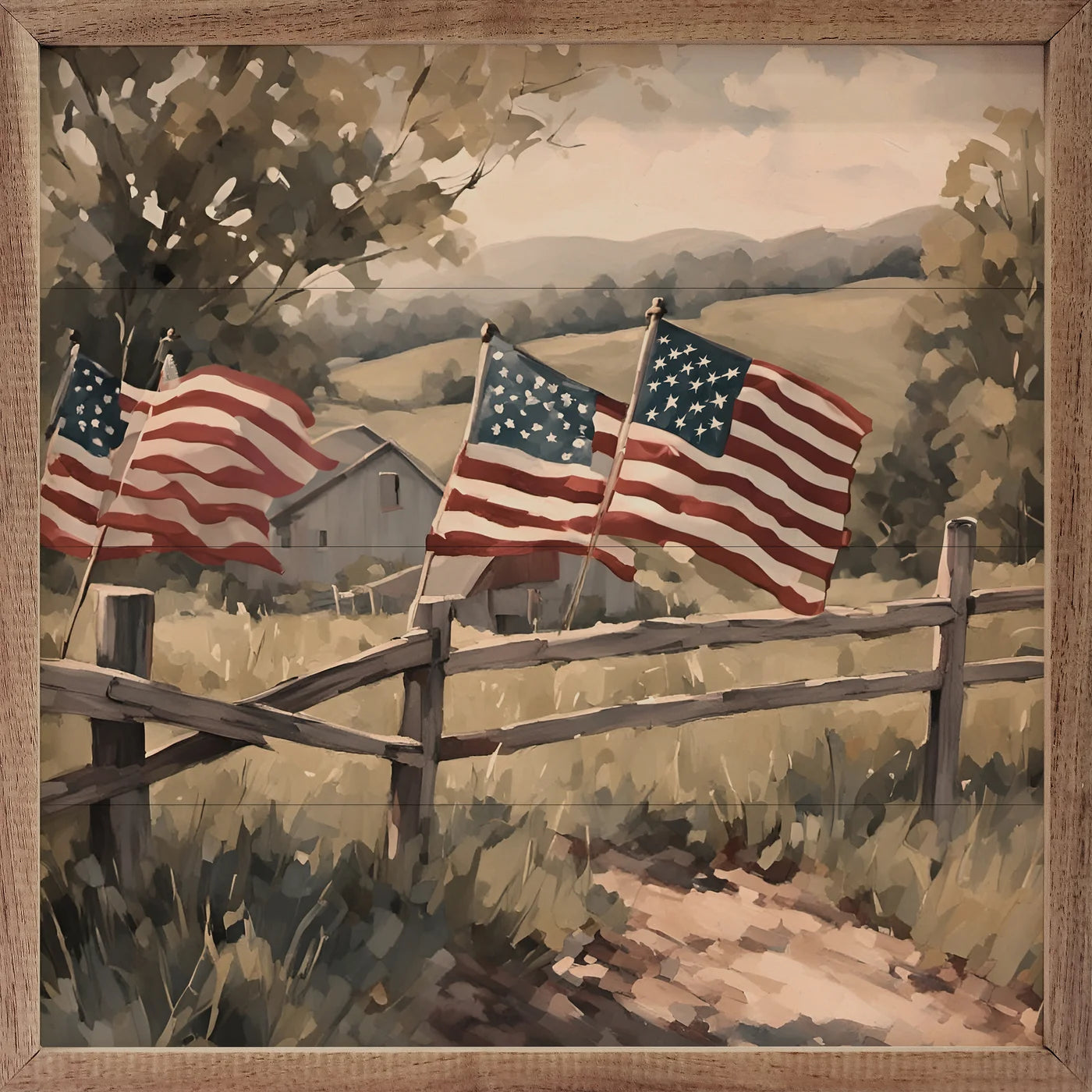 Flags On Wooden Fence Wood Framed Print