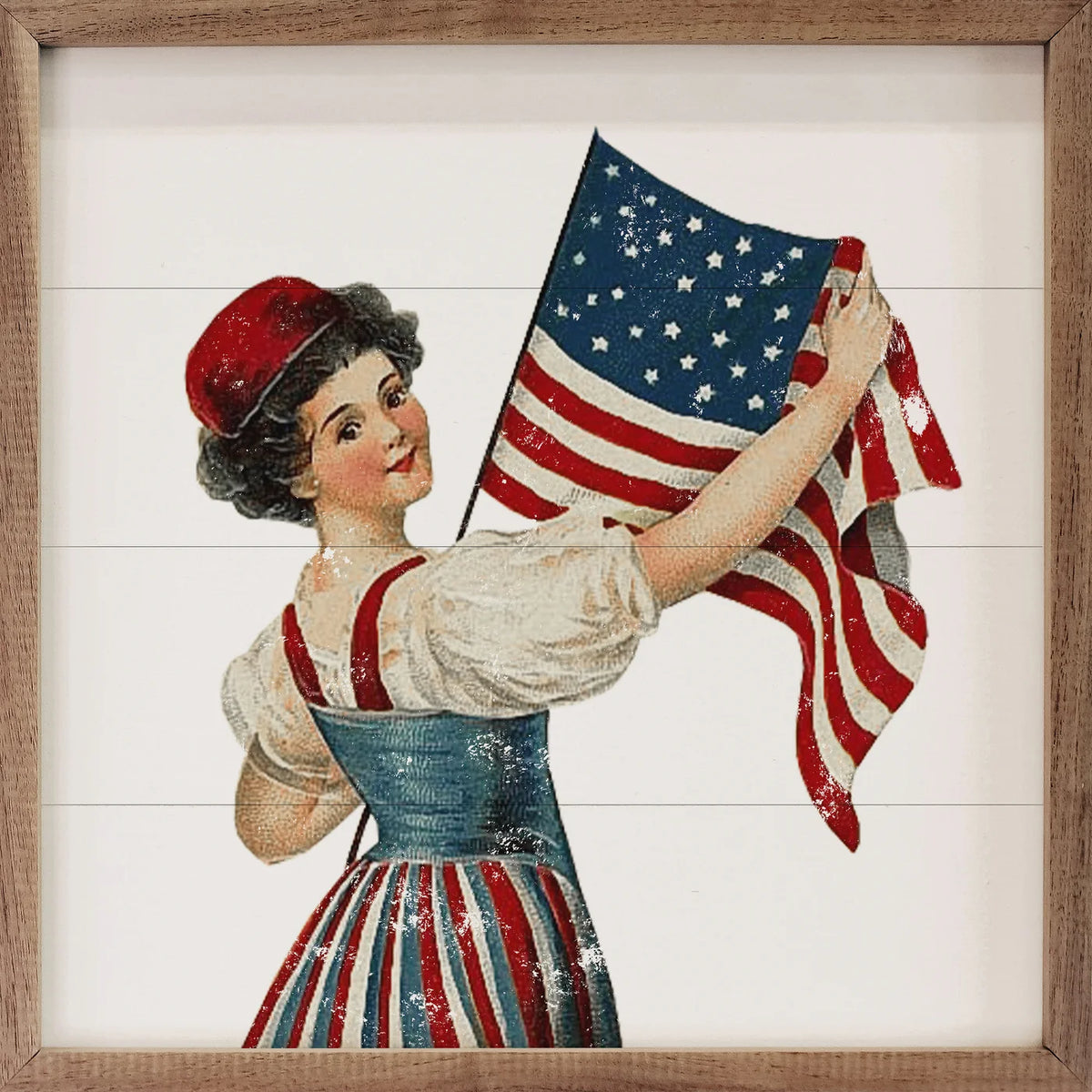 Independence Girl With Flag Wood Framed Print