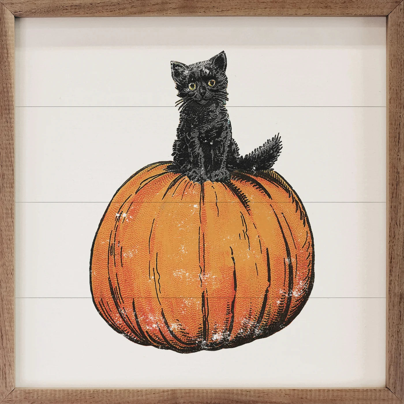 Vintage Halloween Cat On Pumpkin Wood Framed Print