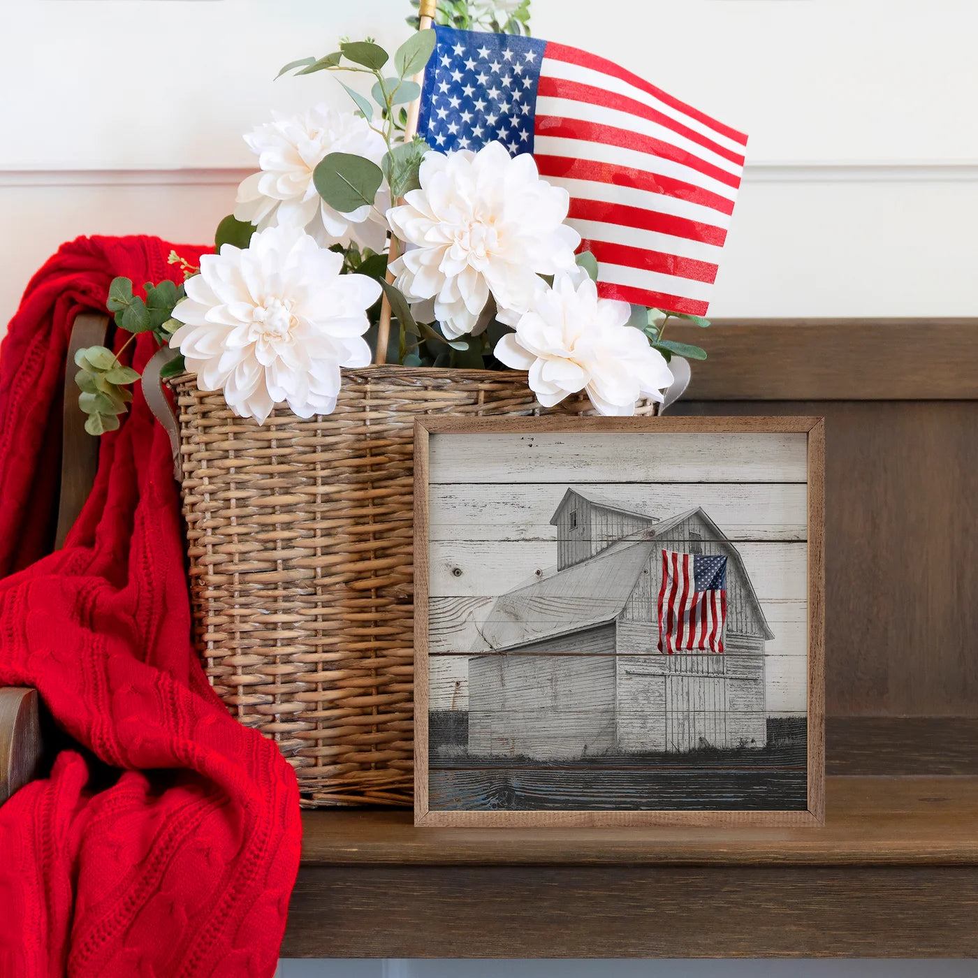 Black And White Flag Barn Wood Framed Print