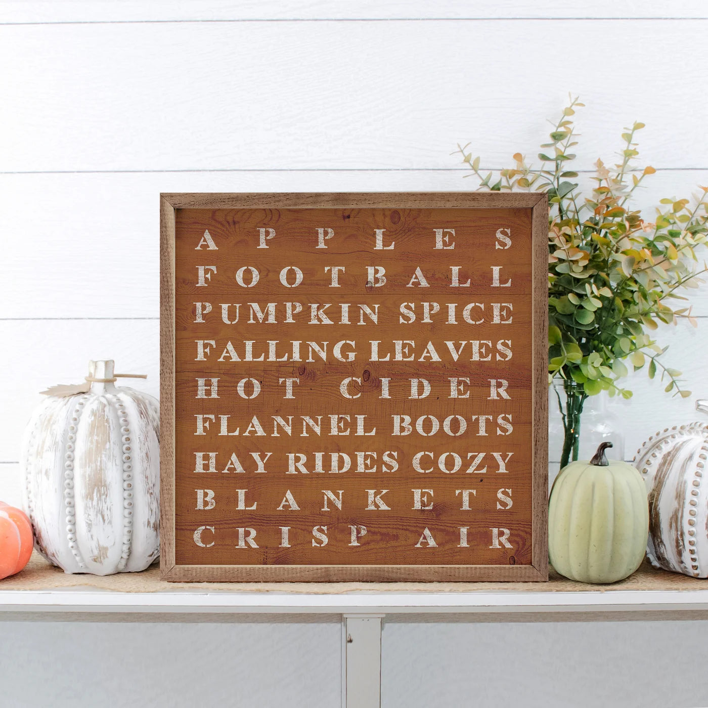 Fall Words Orange Wood Framed Print