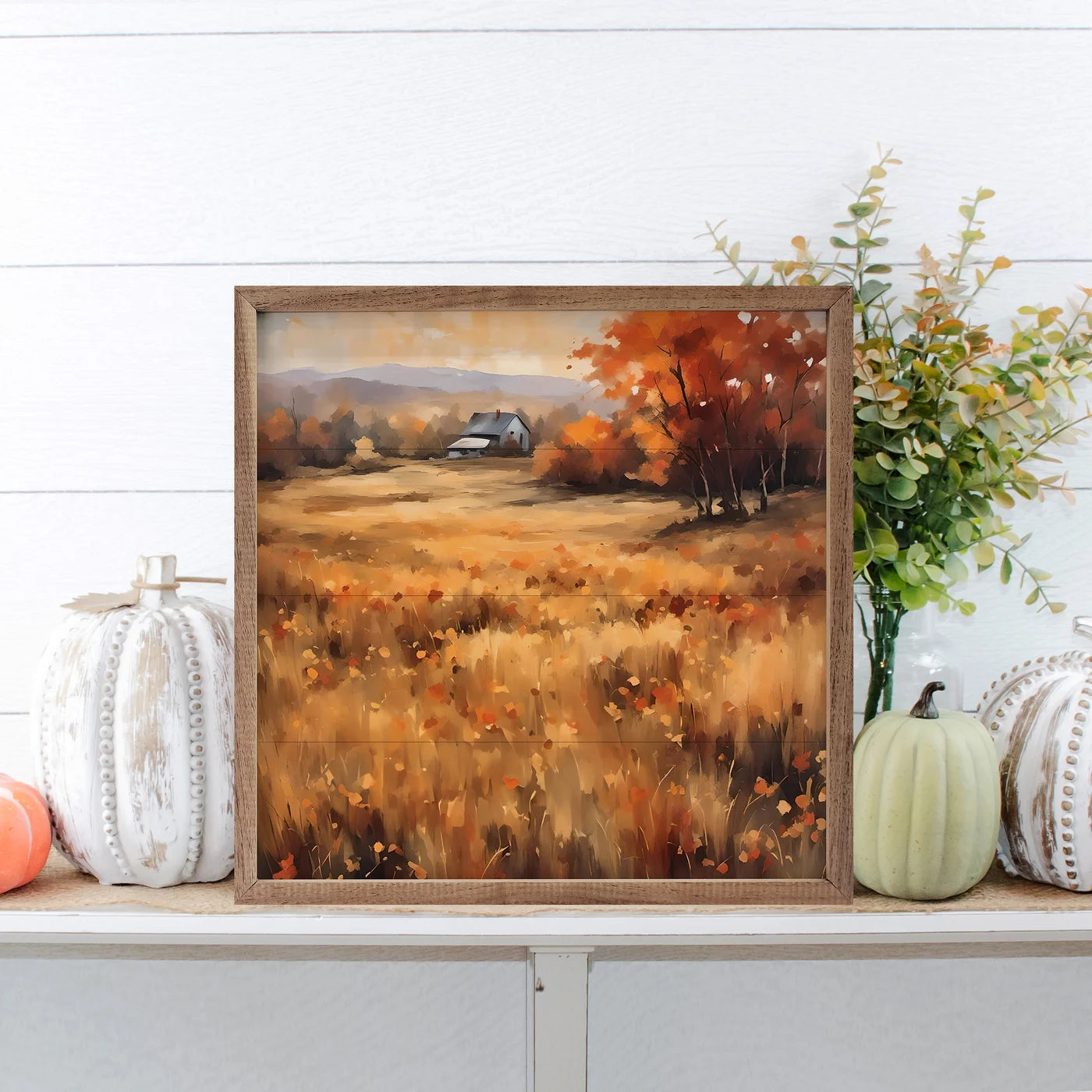House Amongst The Autumn Field Wood Framed Print