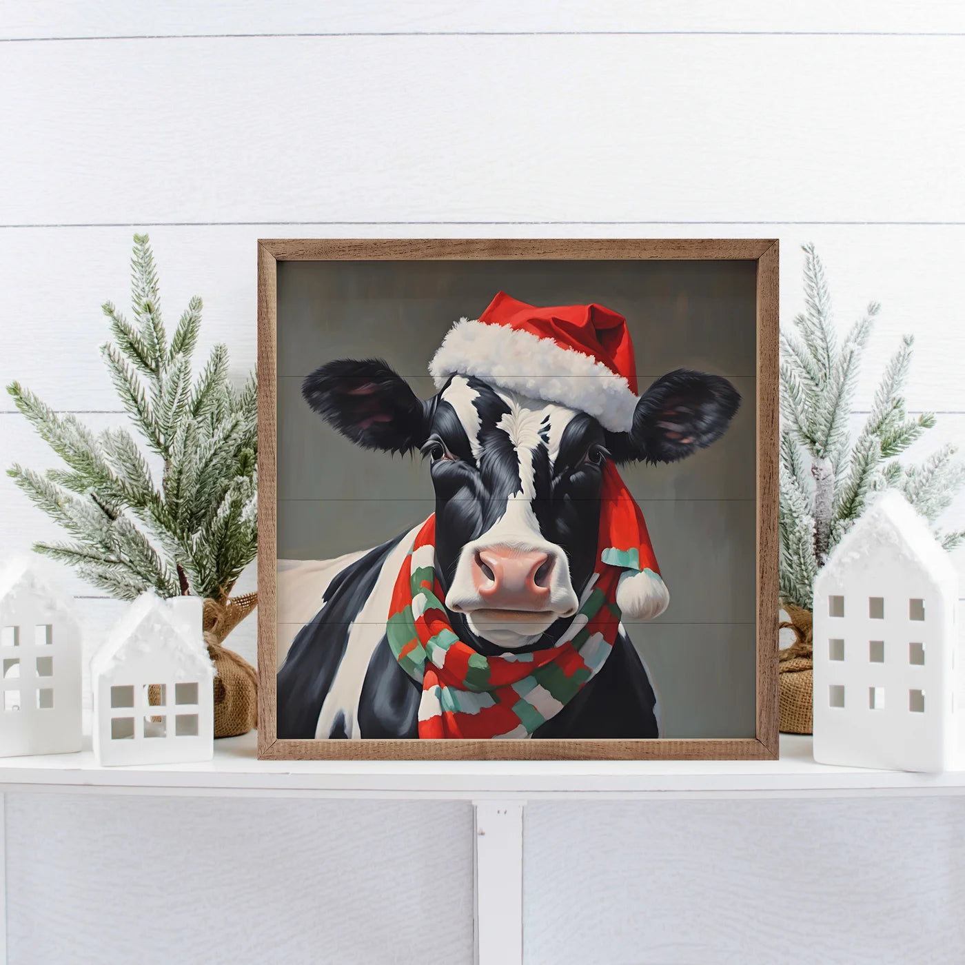 Santa Dairy Cow With Hat And Scarf Wood Framed Print