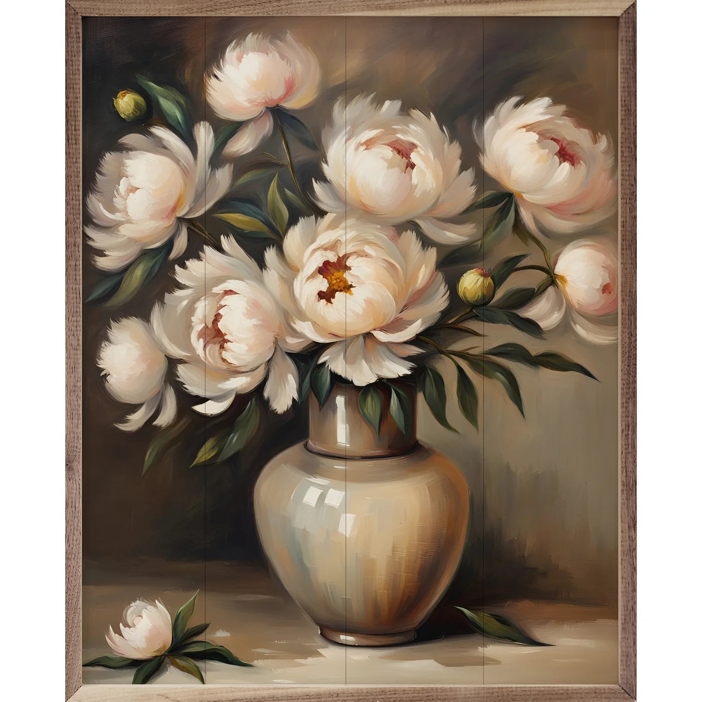 Peonies In Vase Wood Framed Print