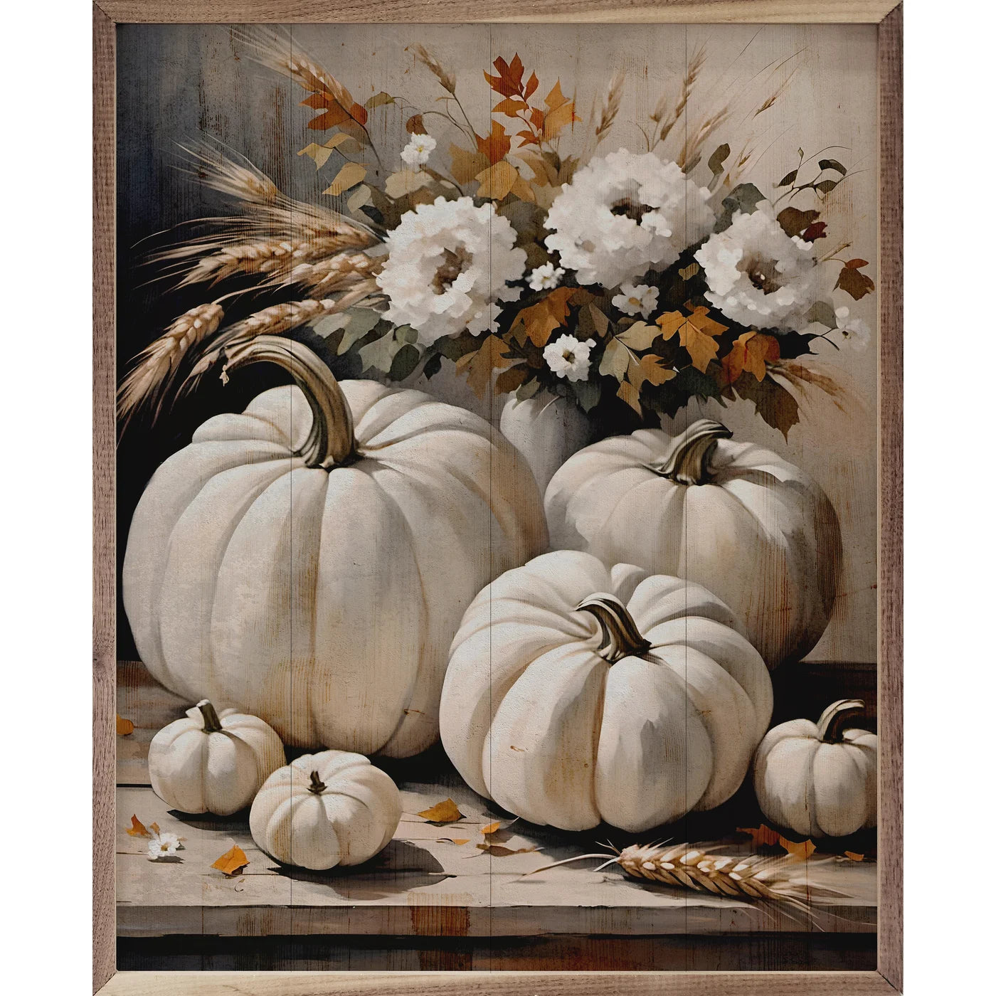 White Pumpkins On Table Wood Framed Print