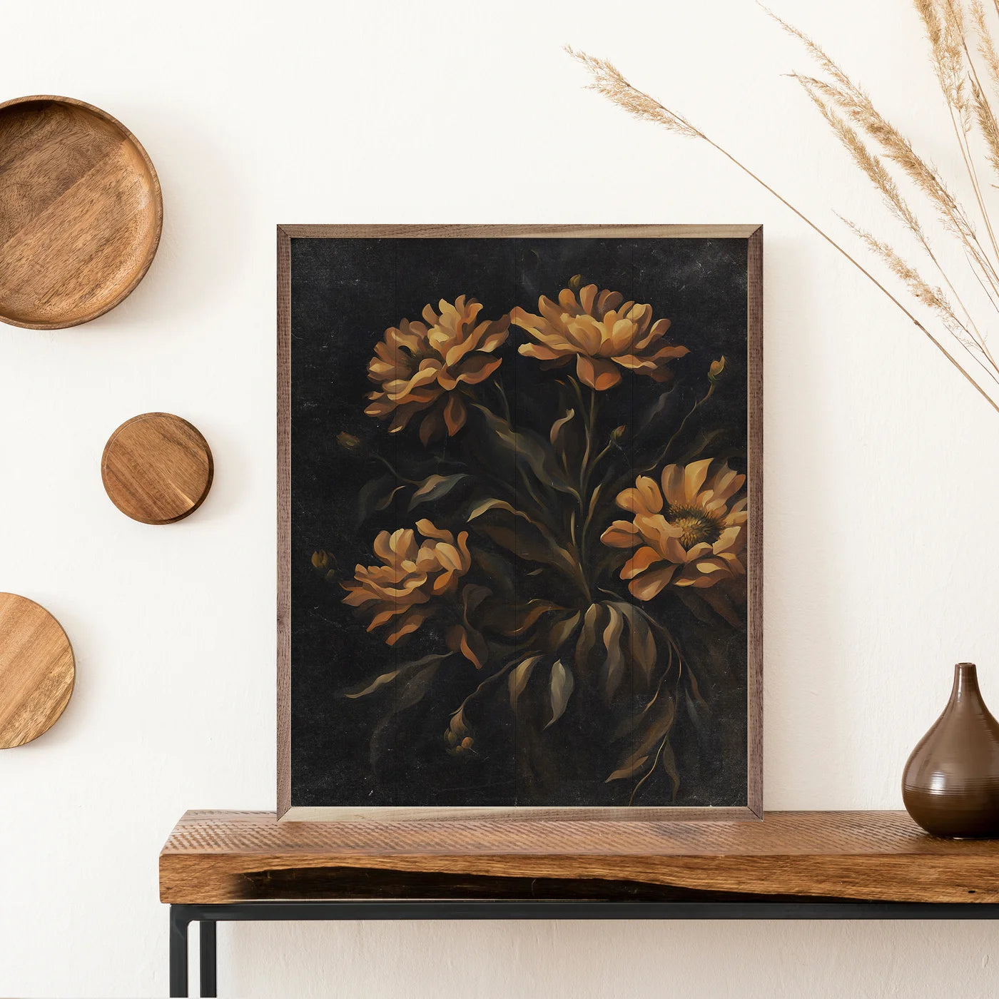 Dark Orange Florals Wood Framed Print