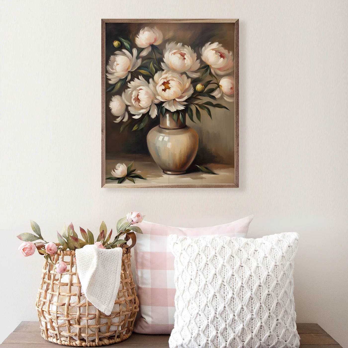 Peonies In Vase Wood Framed Print