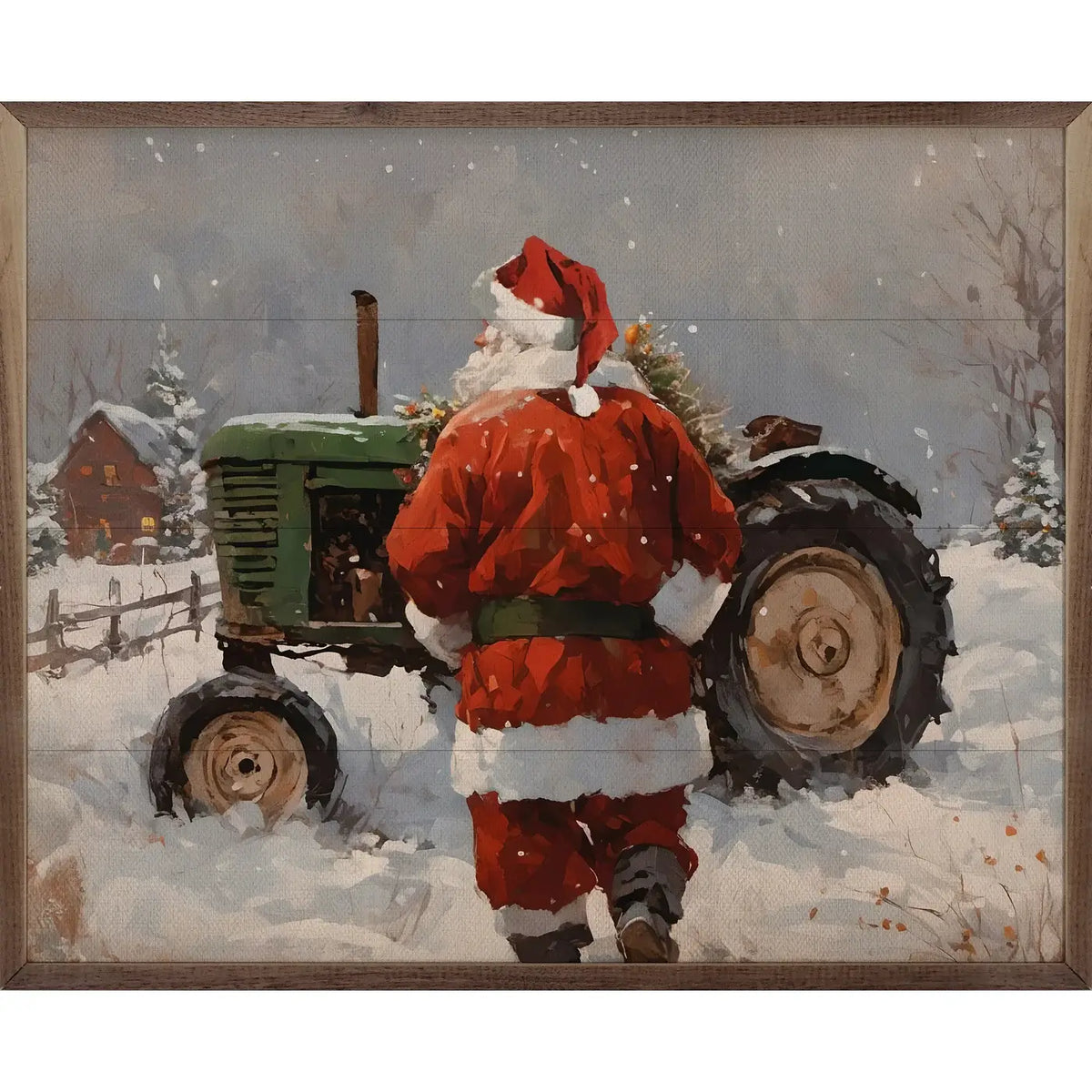 Santa With Green Tractor Wood Framed Print