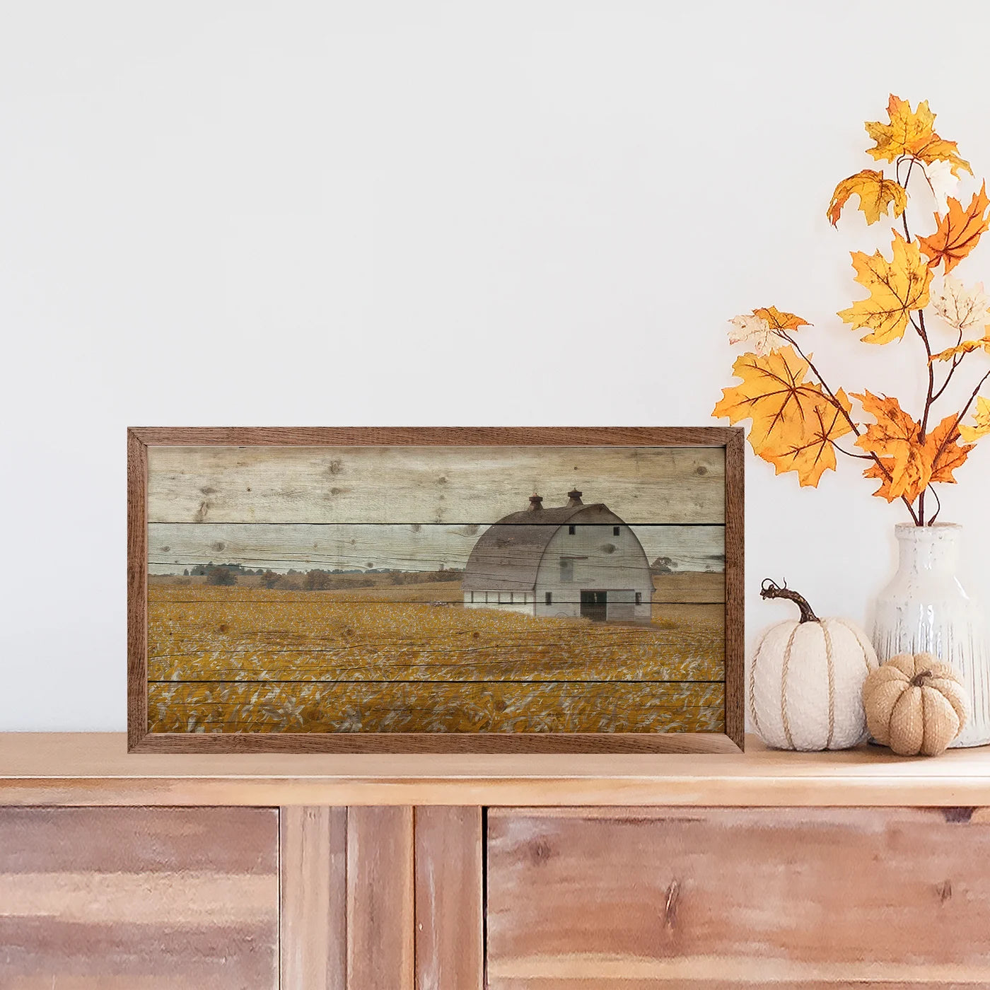 Harvest Cornfield With Barn Wood Framed Print