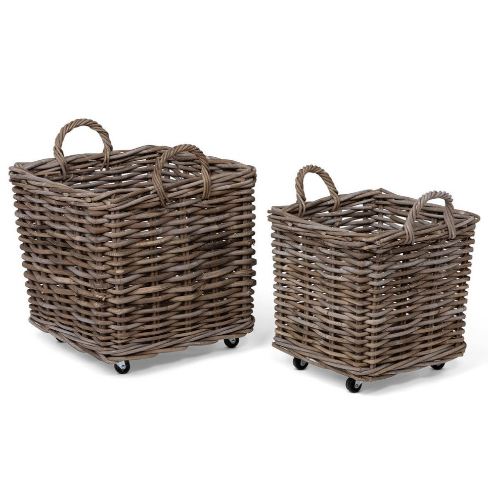 Rattan Woven Square Basket with Casters Set