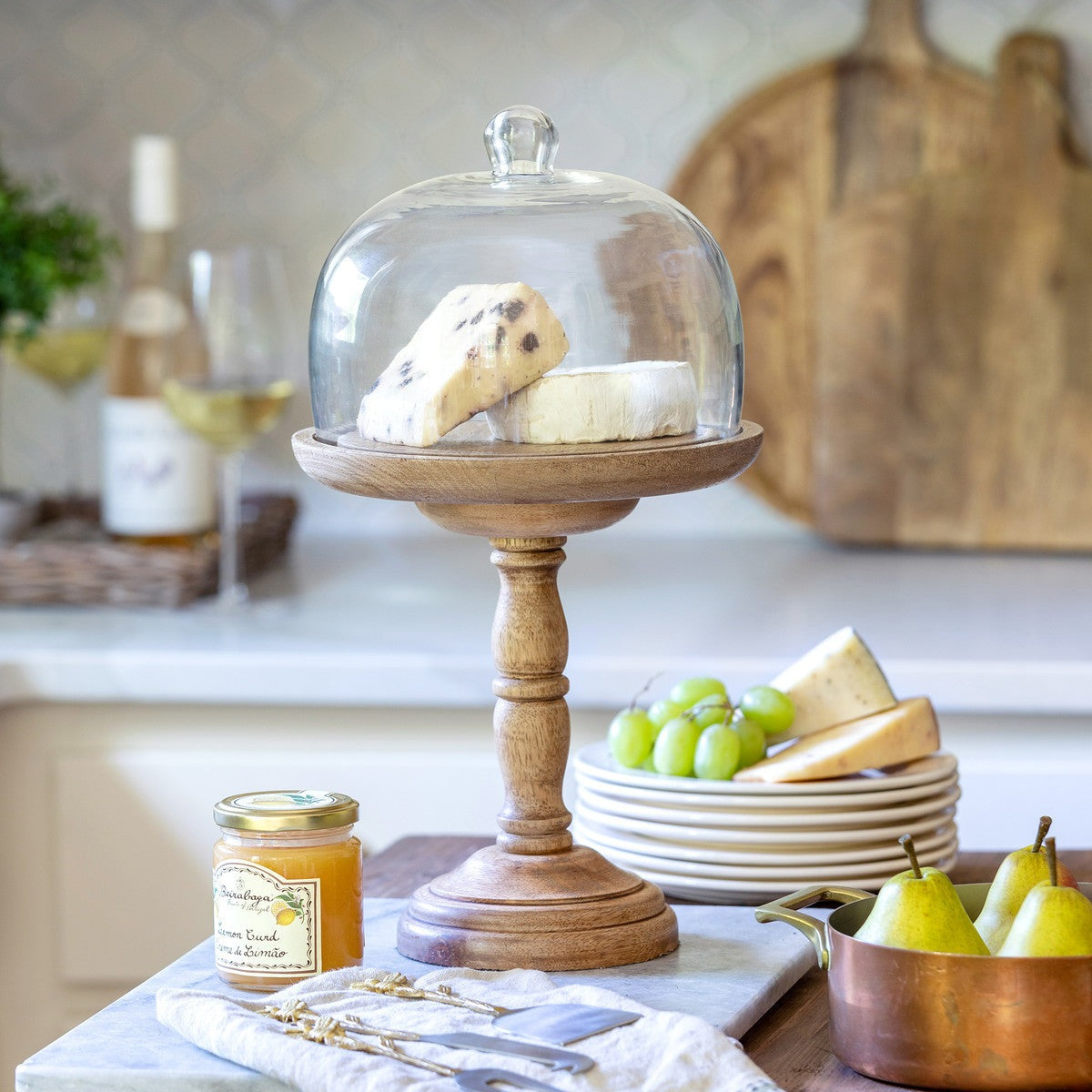 Elevated Wood Server with Glass Dome