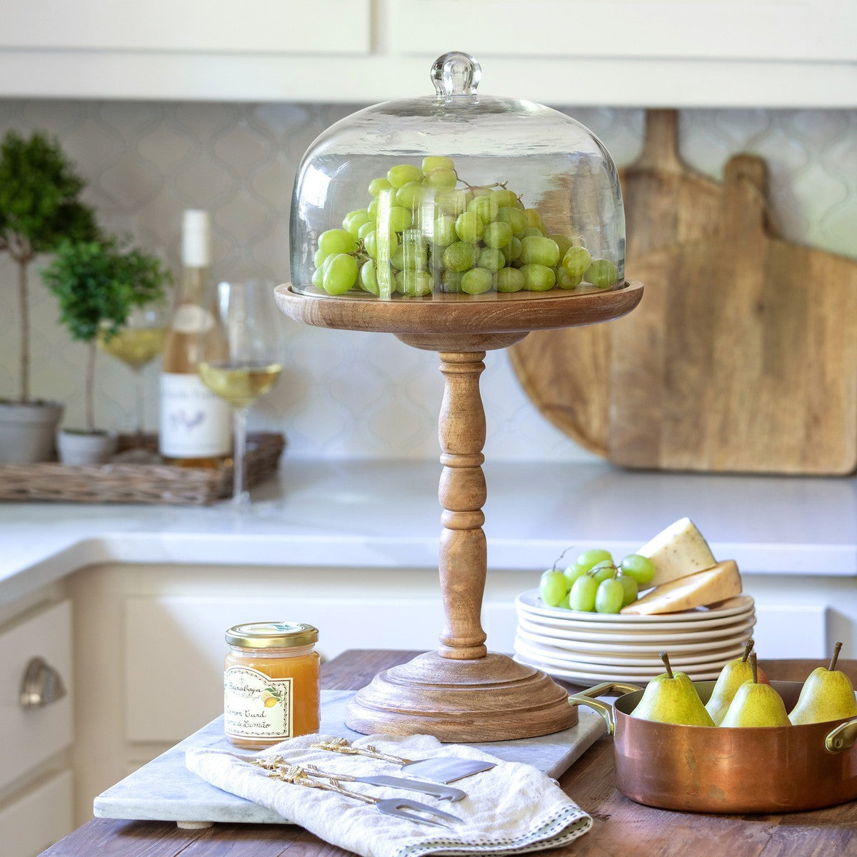 Elevated Wood Server with Glass Dome