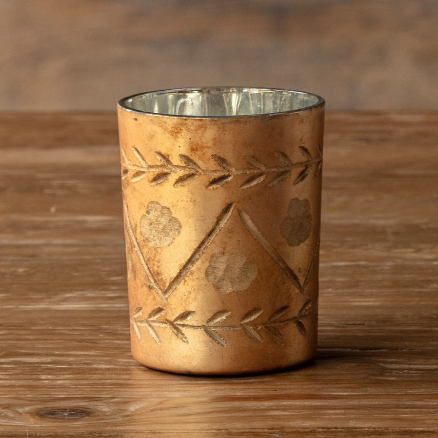 Etched Antiqued Copper Glass Votive