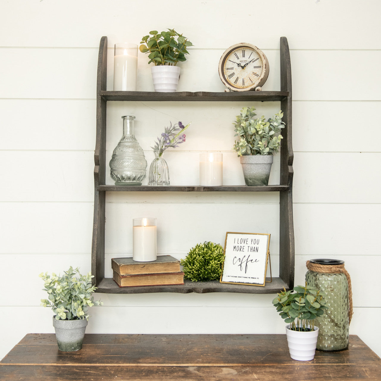 Scalloped Black Wood Wall Shelf