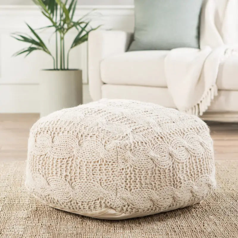 Wool Knit Square Cream Ottoman Pouf