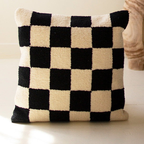 Checkered Black &amp; White Hand Hooked Pillow