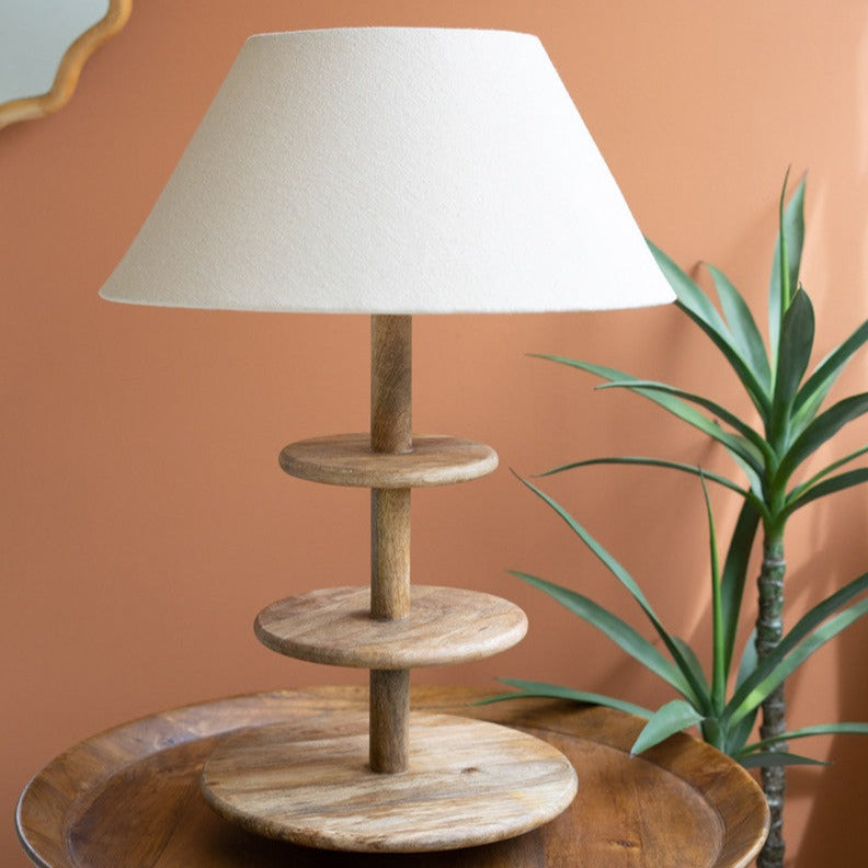 Three Tier Mango Wood Lamp With Fabric Shade