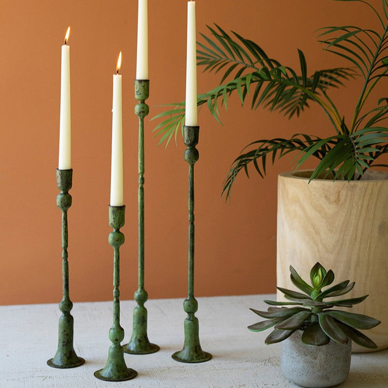 Forged Iron Green Taper Candle Holder Set