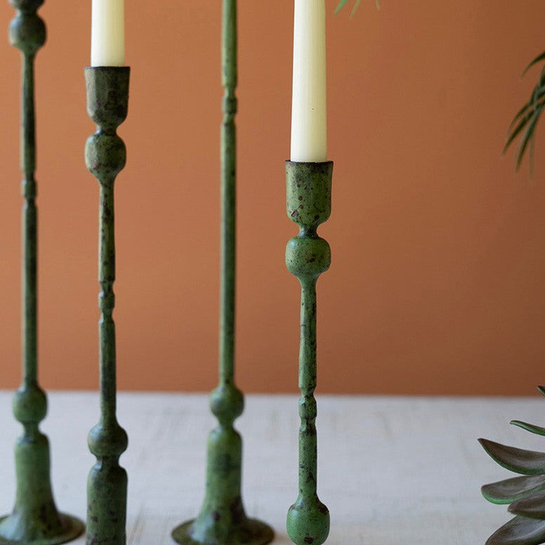 Forged Iron Green Taper Candle Holder Set