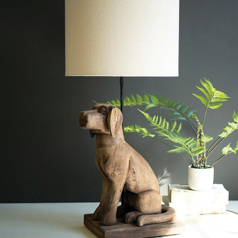 Wooden Dog Table Lamp with Fabric Shade