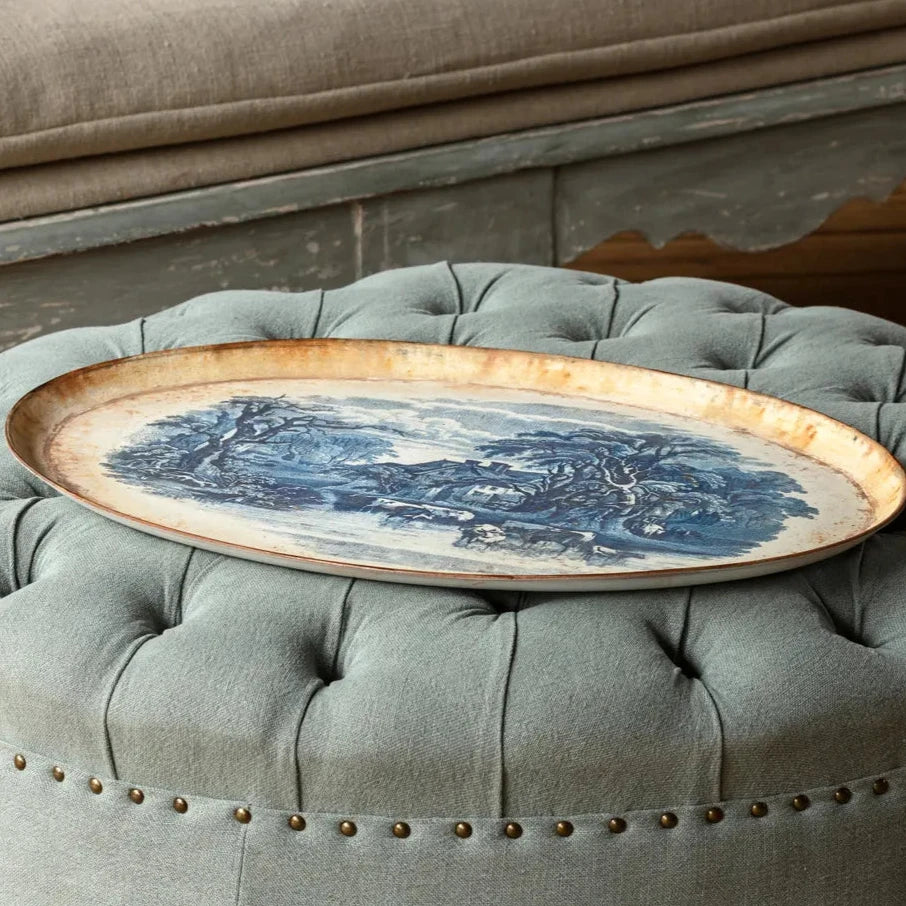 Blue Pastoral Oblong Tole Tray