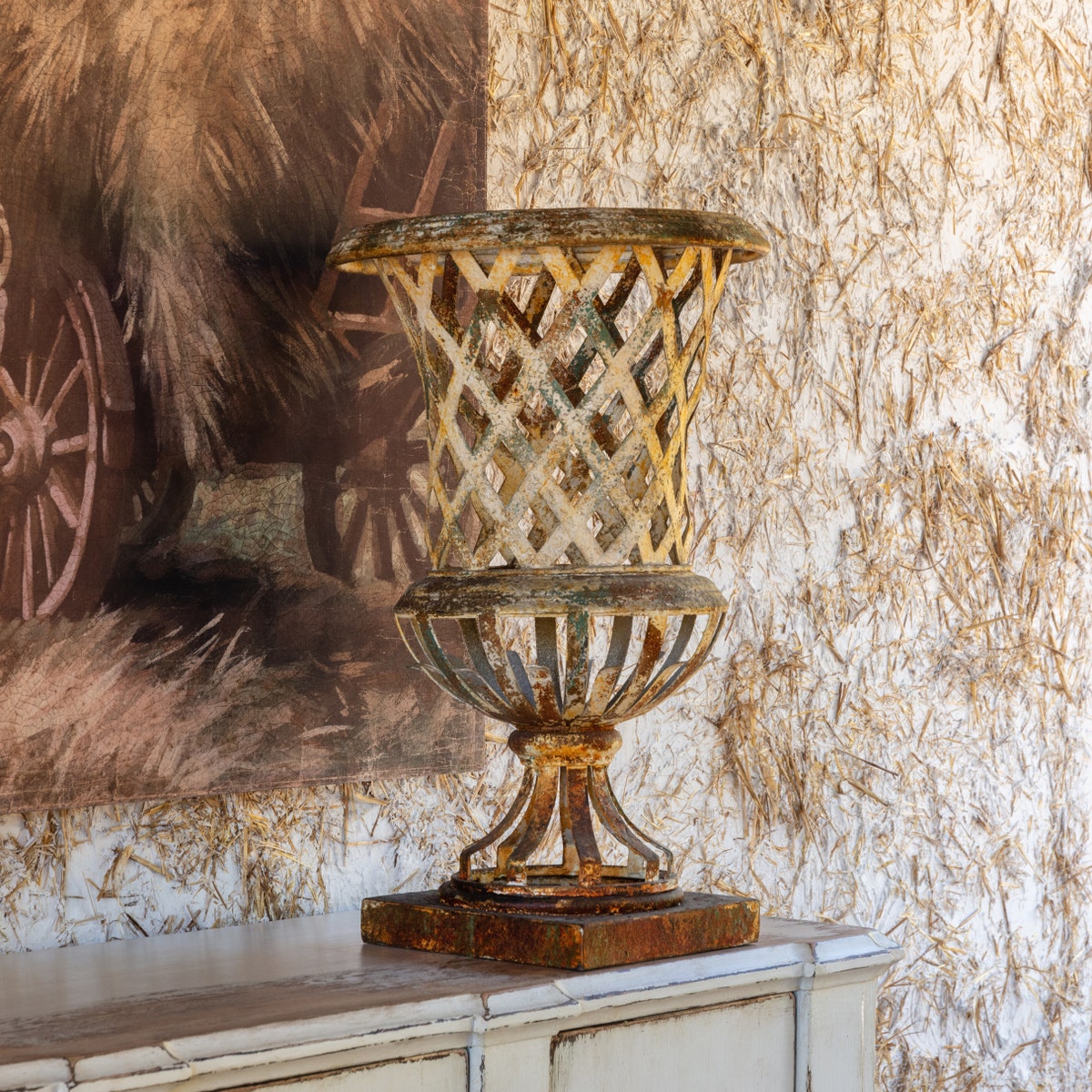 Aged Metal Lattice Urn