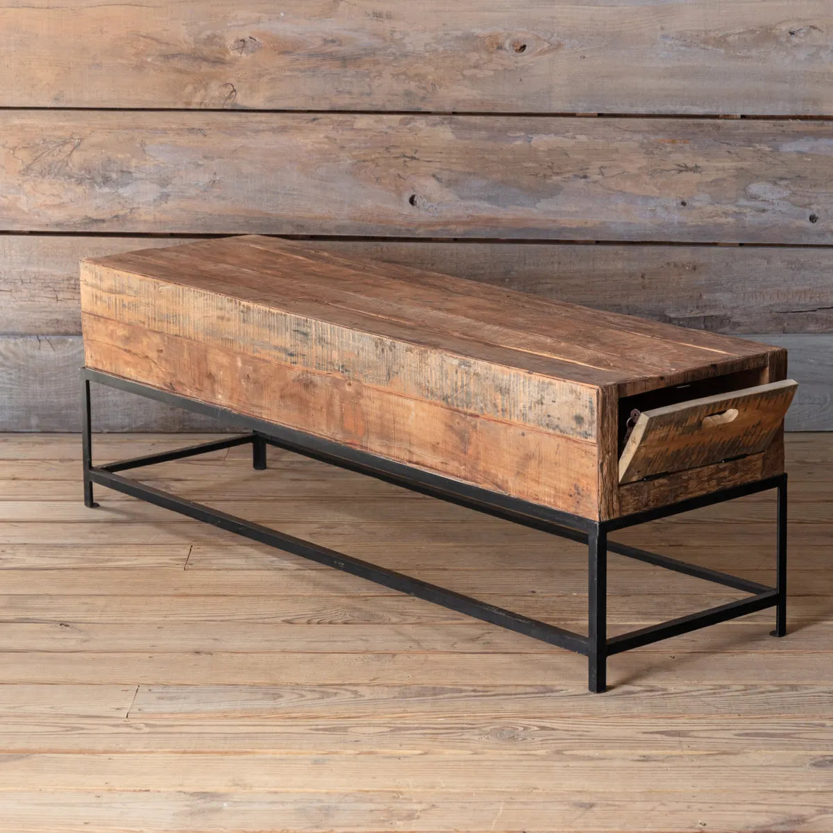 Long Rustic Wood & Iron Shotgun Bench