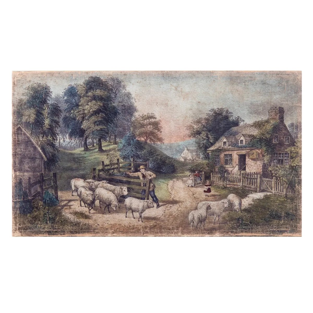 Sheep By The Cottage Aged Gallery Wrap Print