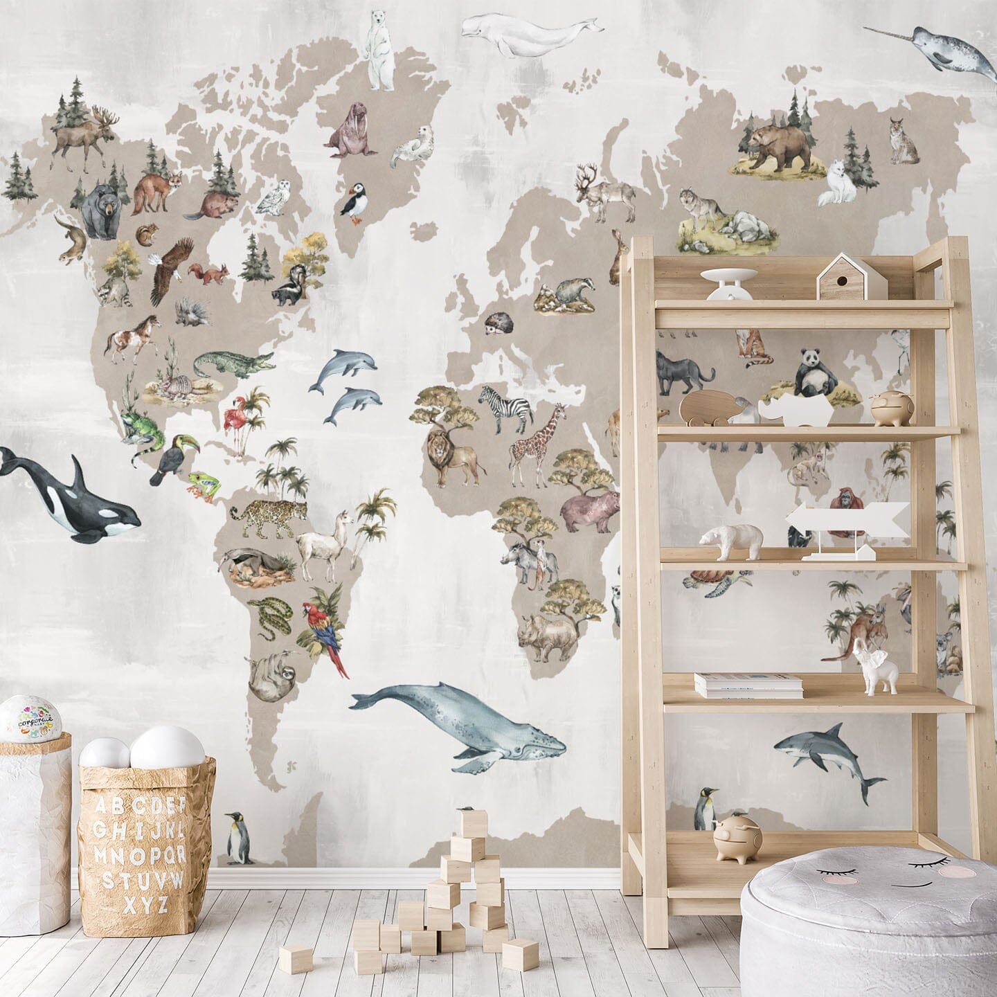 Animal World Map Wall Mural - A Cottage in the City