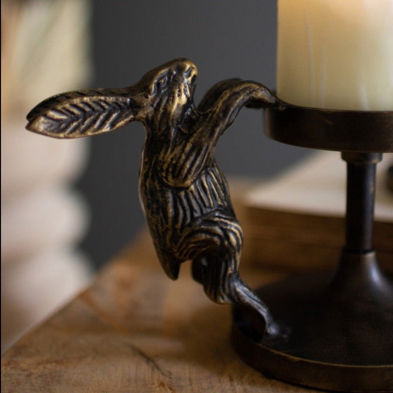 Antiqued Brass Cast Aluminum Rabbit Candle Holder Set - A Cottage in the City