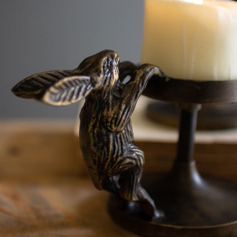 Antiqued Brass Cast Aluminum Rabbit Candle Holder Set - A Cottage in the City