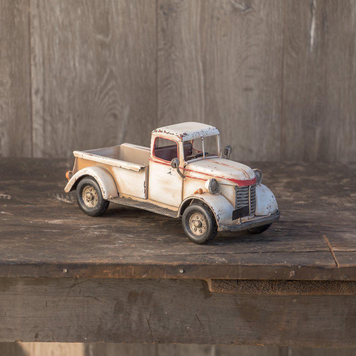 Antiqued White Metal Truck With Red Trim - A Cottage in the City