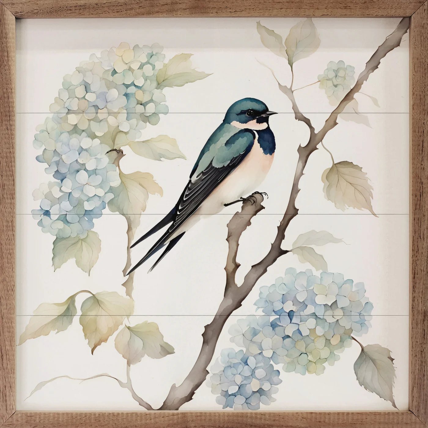 Barn Swallow On Hydrangea Bush Wood Framed Print - A Cottage in the City