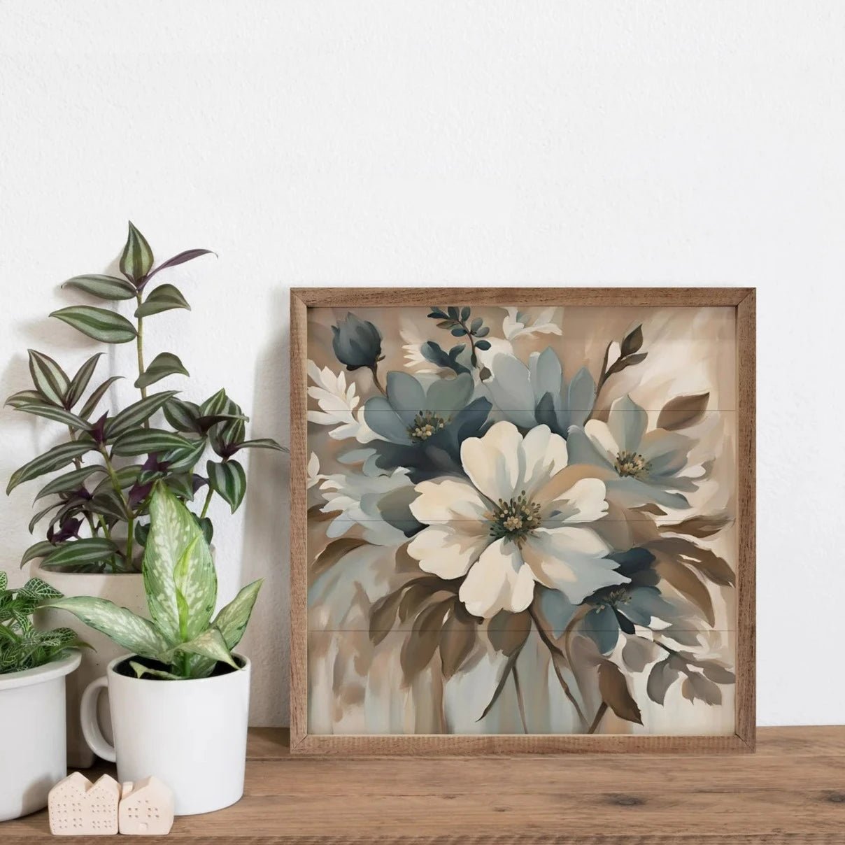 Blue And Tan Floral Display Wood Framed Print - A Cottage in the City