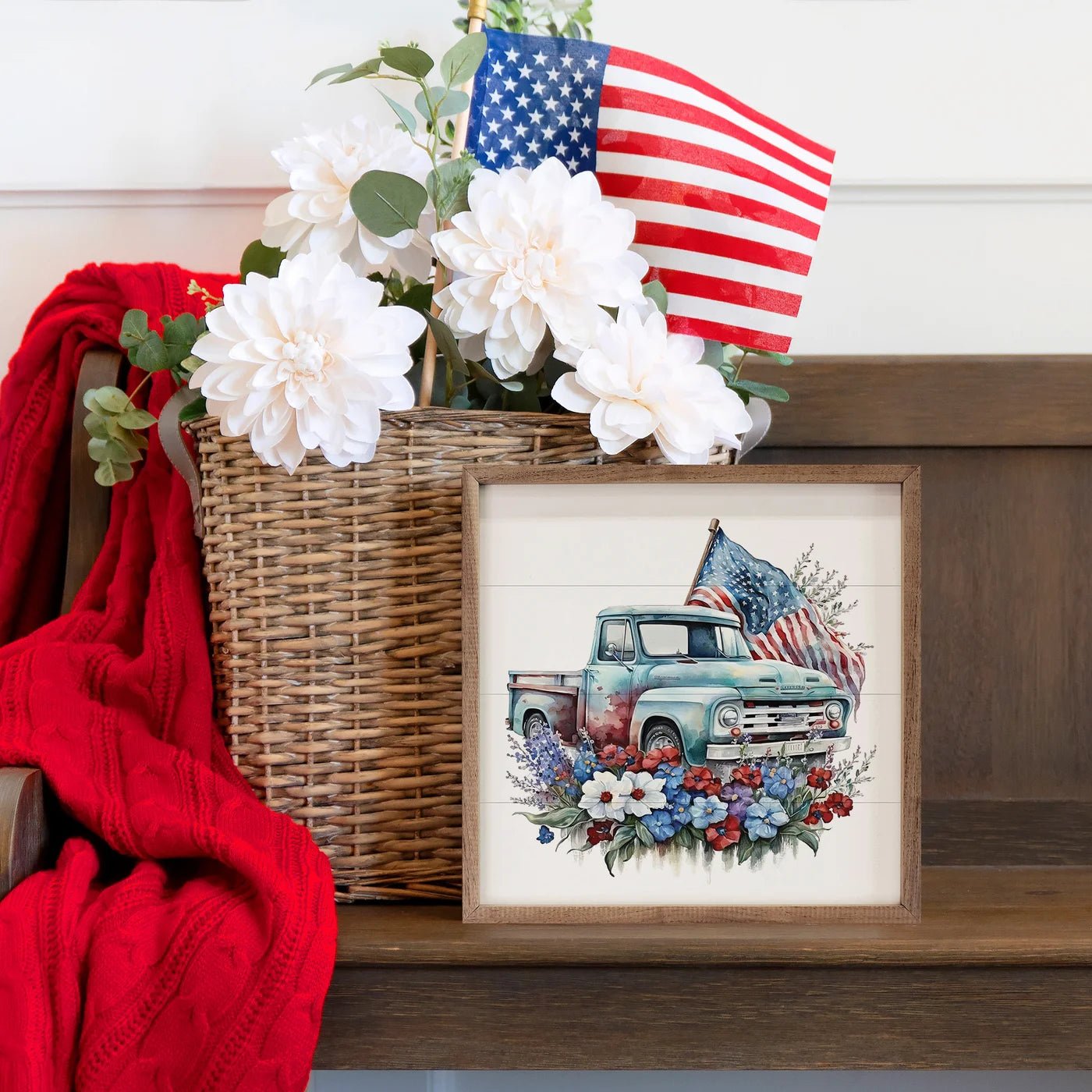 Blue Truck With Flag Wood Framed Print - A Cottage in the City