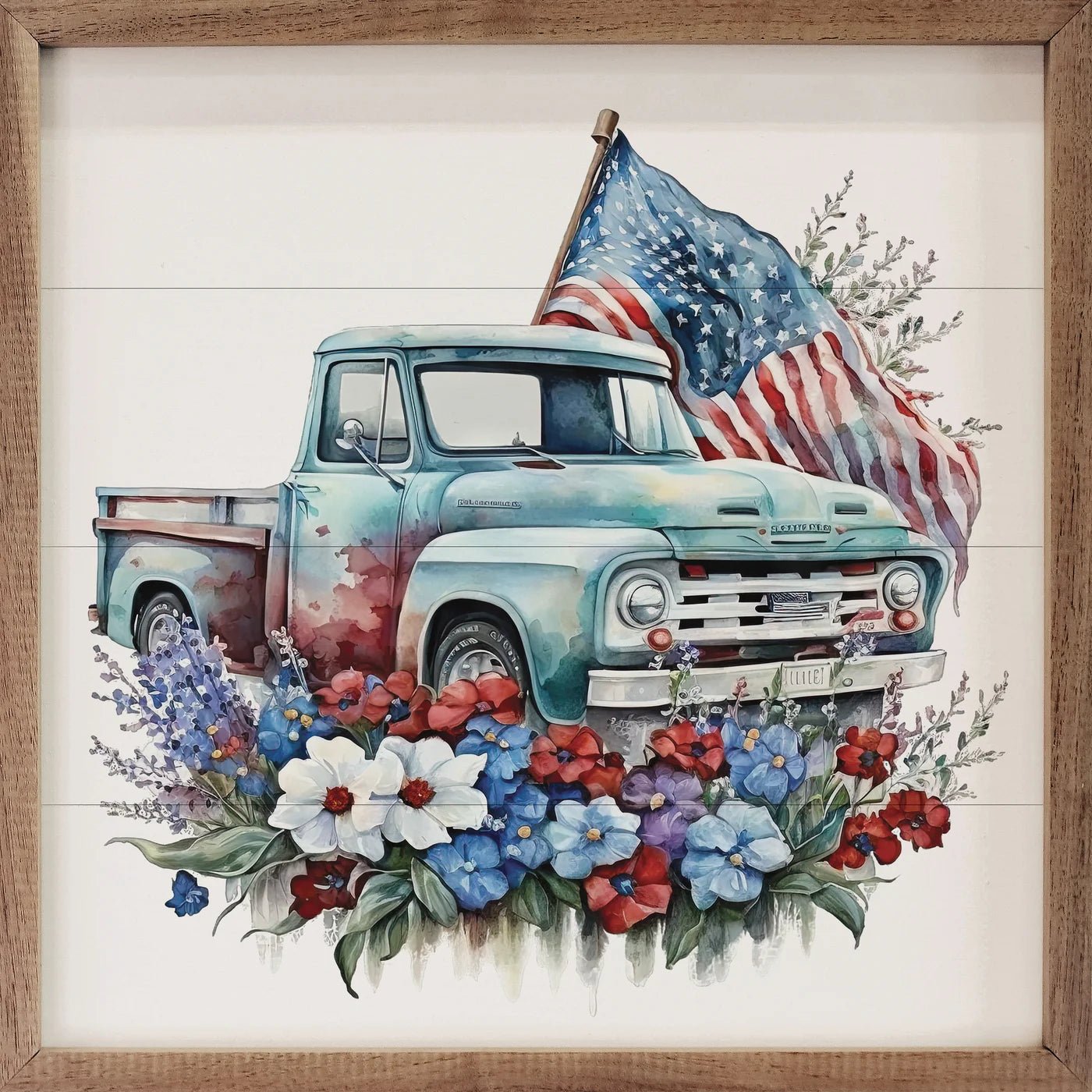 Blue Truck With Flag Wood Framed Print - A Cottage in the City