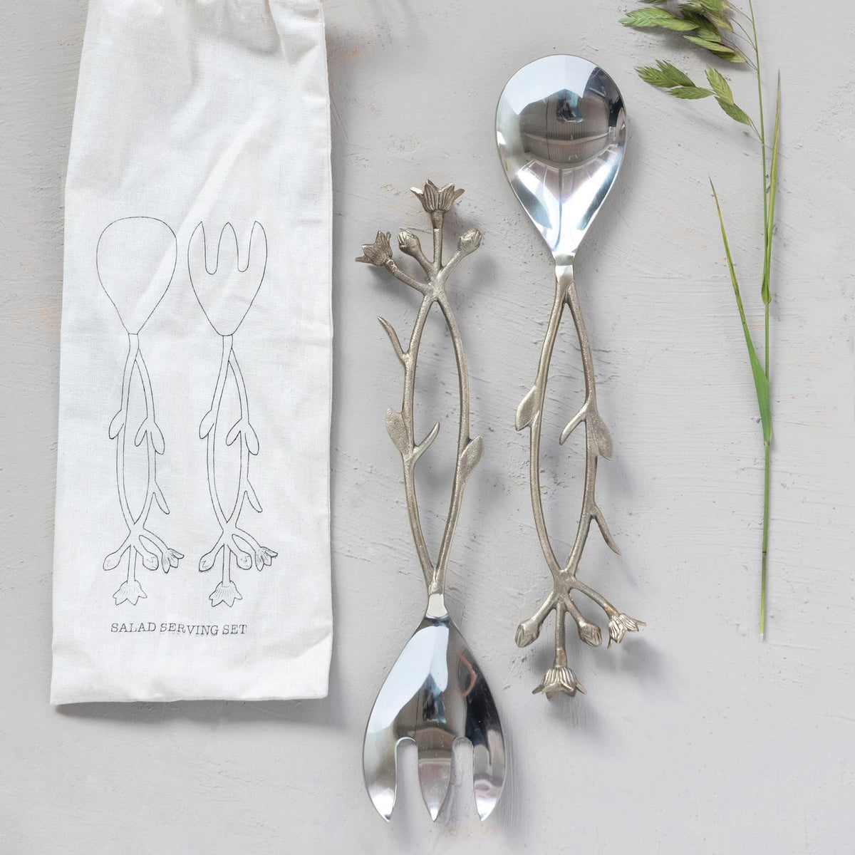 Stainless Steel &amp; Brass Floral Salad Servers