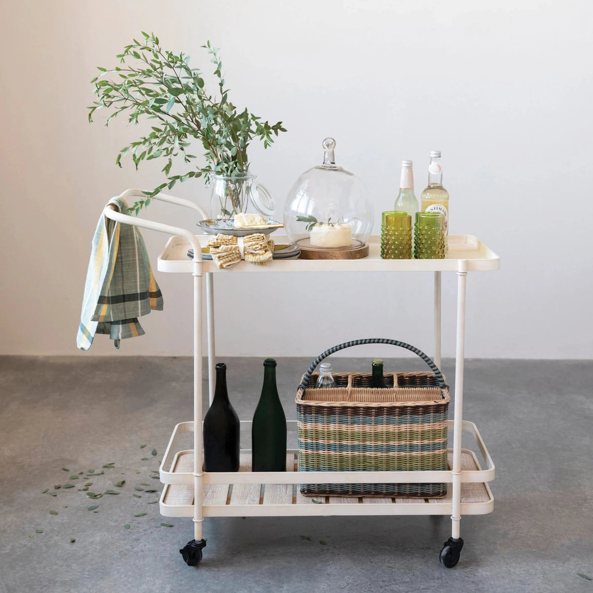 Metal Two Tier Bar Cart With Fir Wood Slatted Shelf