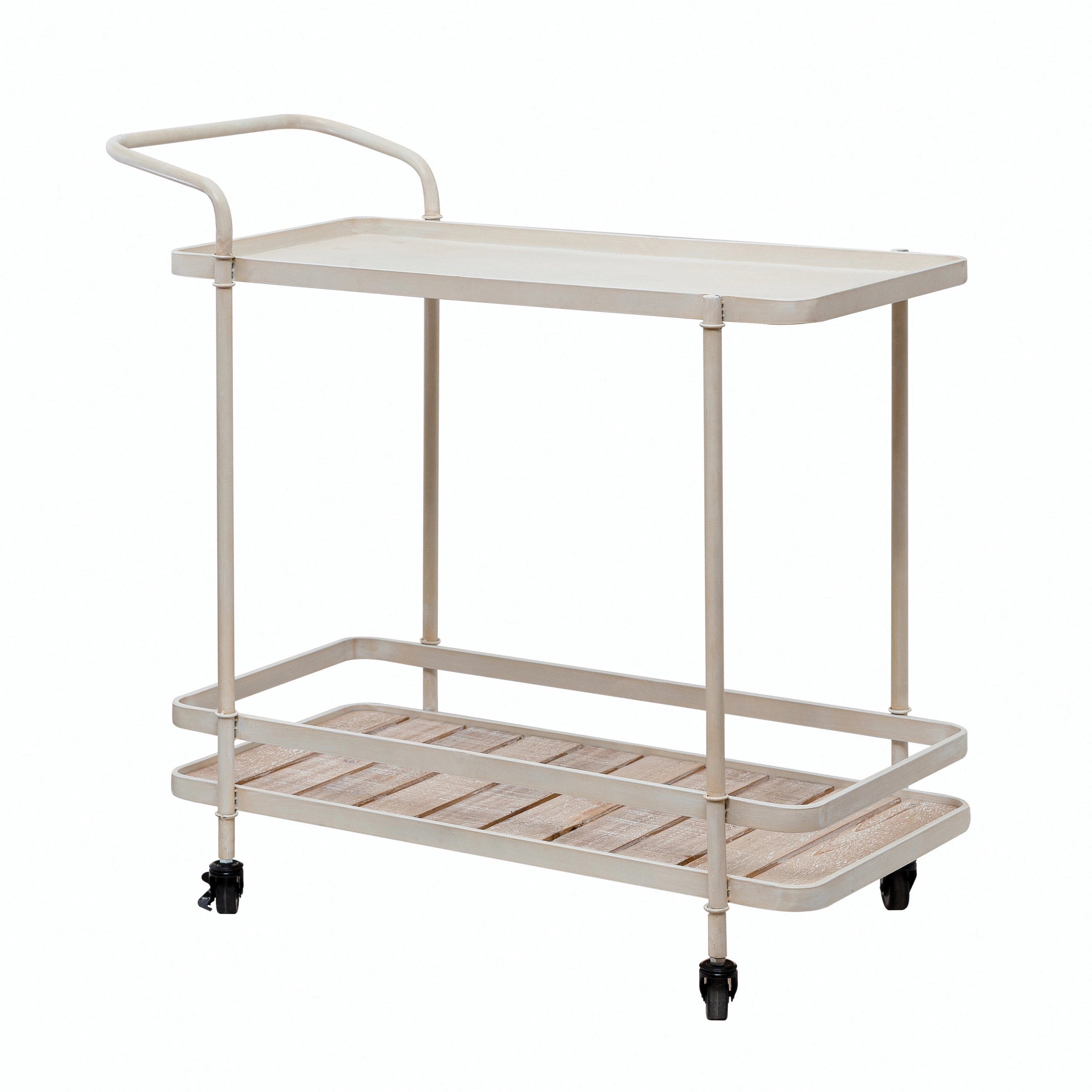 Metal Two Tier Bar Cart With Fir Wood Slatted Shelf