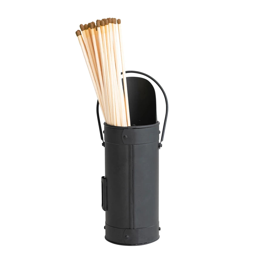 Black Metal Matchstick Holder With Handle & Striker Pad