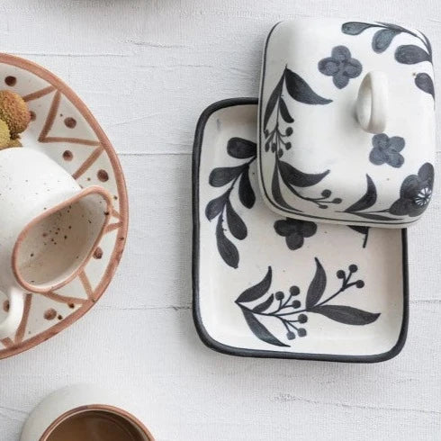 Hand Painted Black Floral Butter Dish