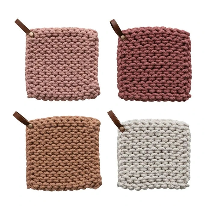 Muted Hues Crocheted Pot Holder With Leather Loop