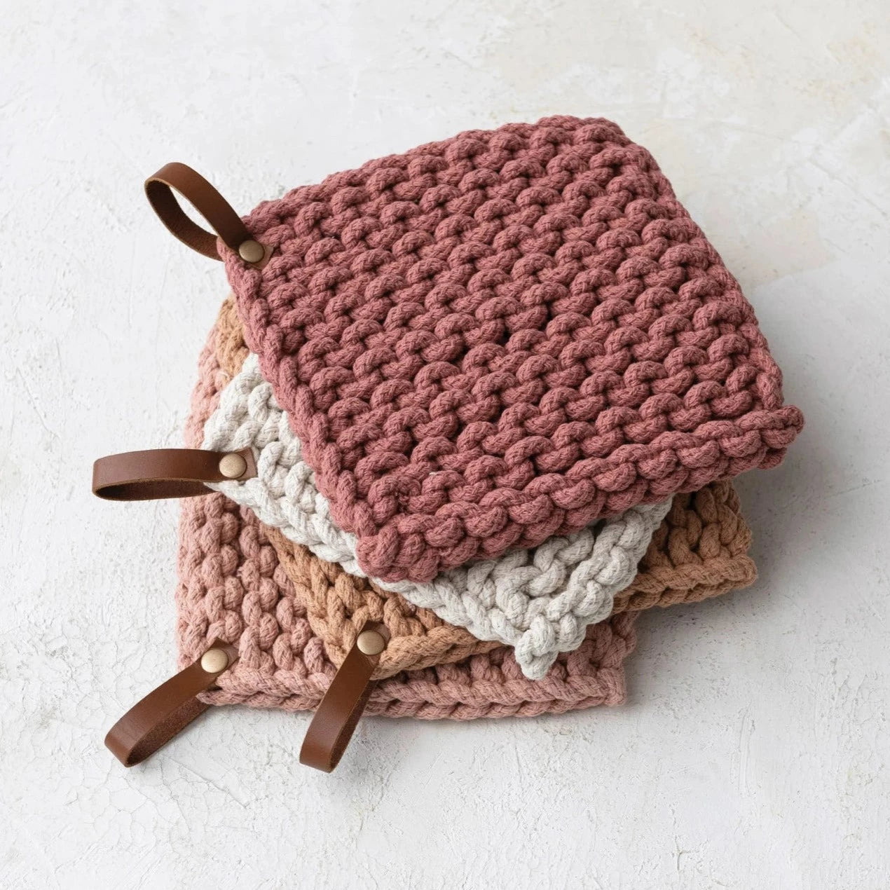 Muted Hues Crocheted Pot Holder With Leather Loop